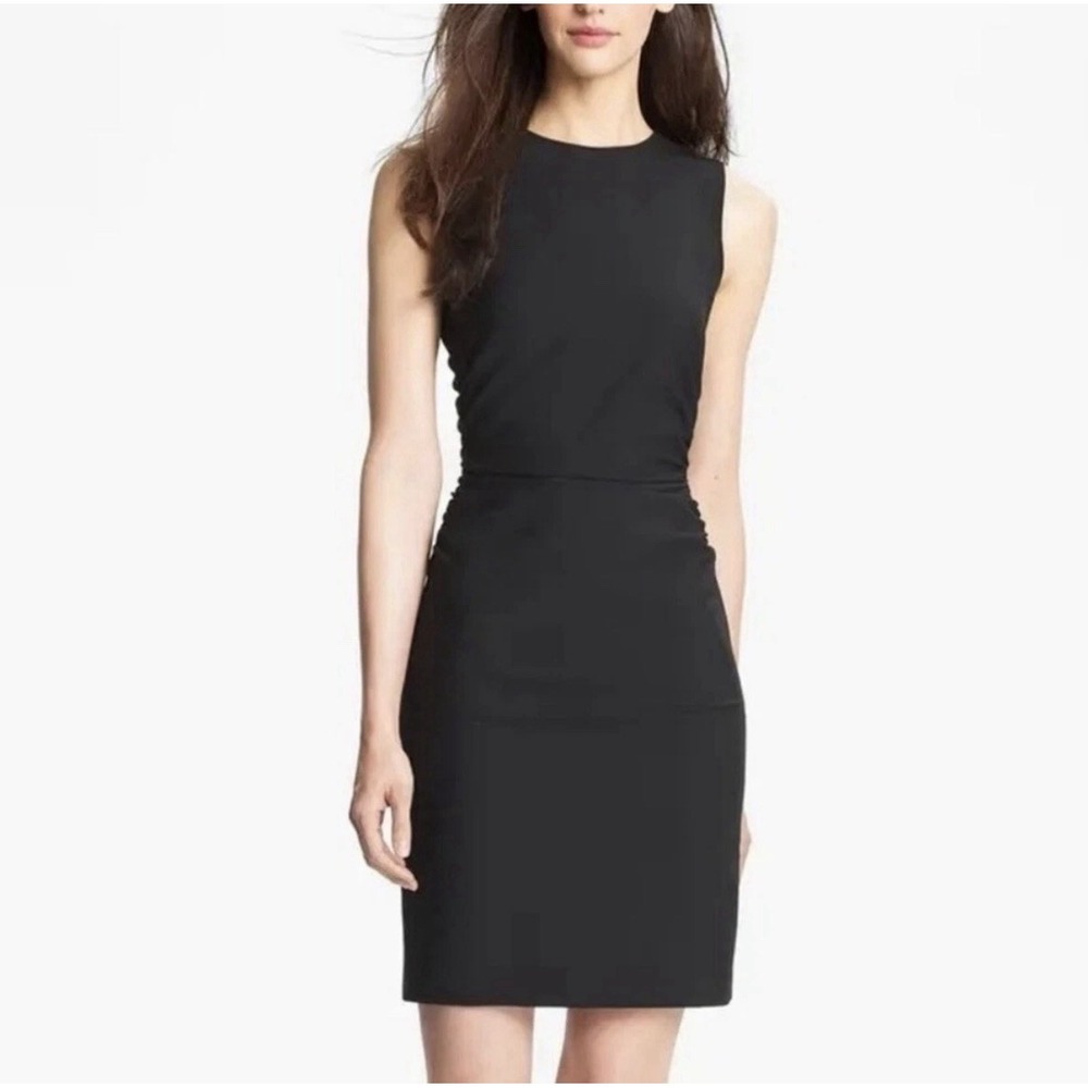 THEORY‎ Elowen Black Ruched Sides Sleeveless Sheath Dress Virgin Wool LBD Sz 10